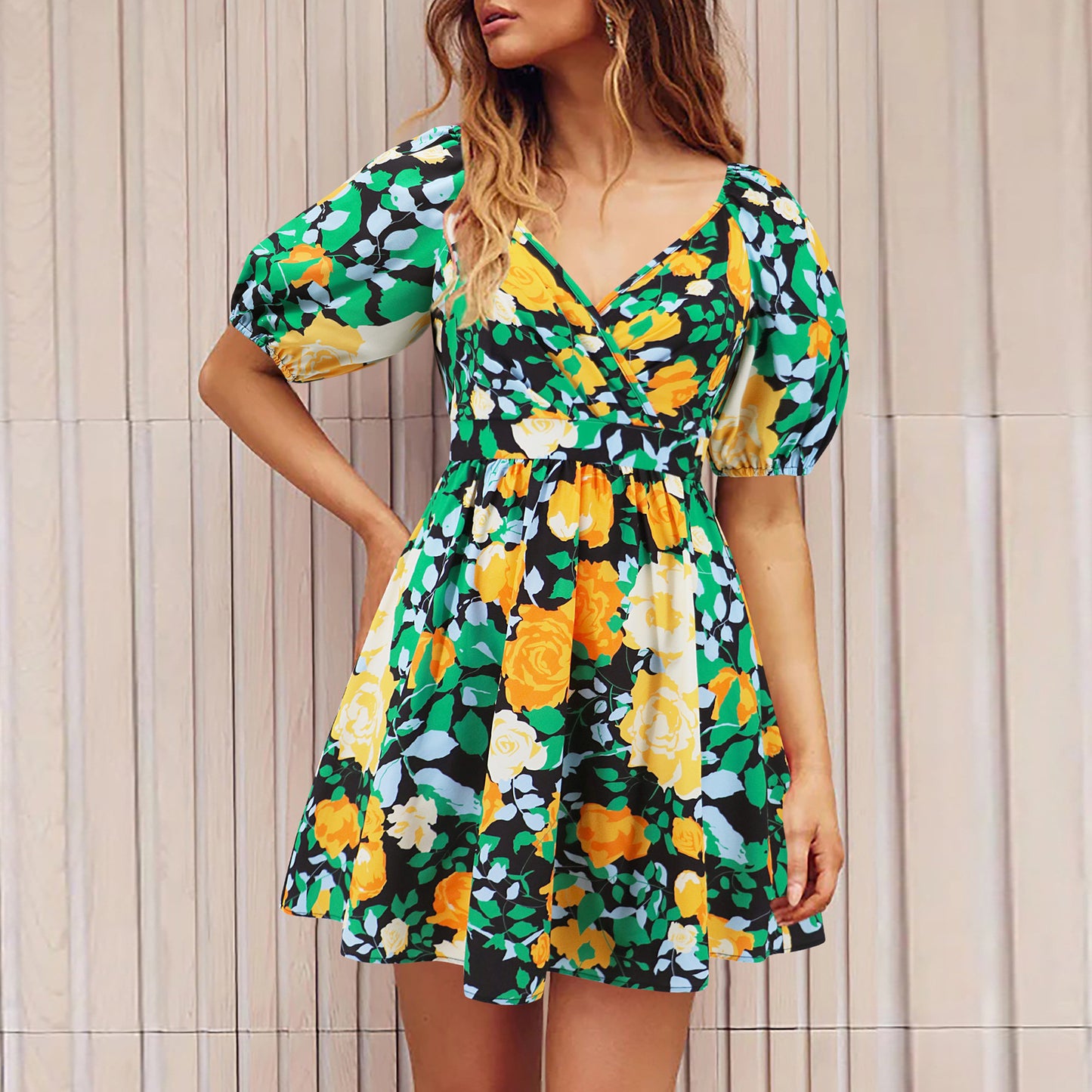 Flowers Print V-Neck Lantern-sleeve Dress Y2K Summer Vacation Beach Short Dresses Fashion Womens Clothing