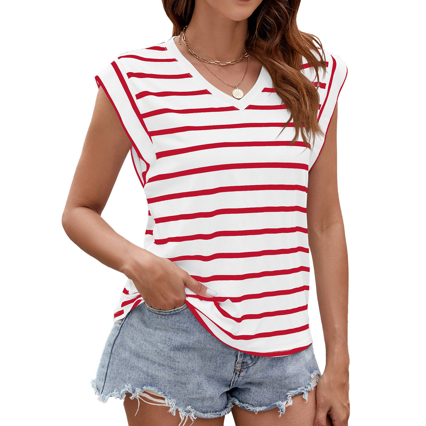 Fashion Stripe Print V-neck Short-sleeved Loose Tank Top Womens Clothing