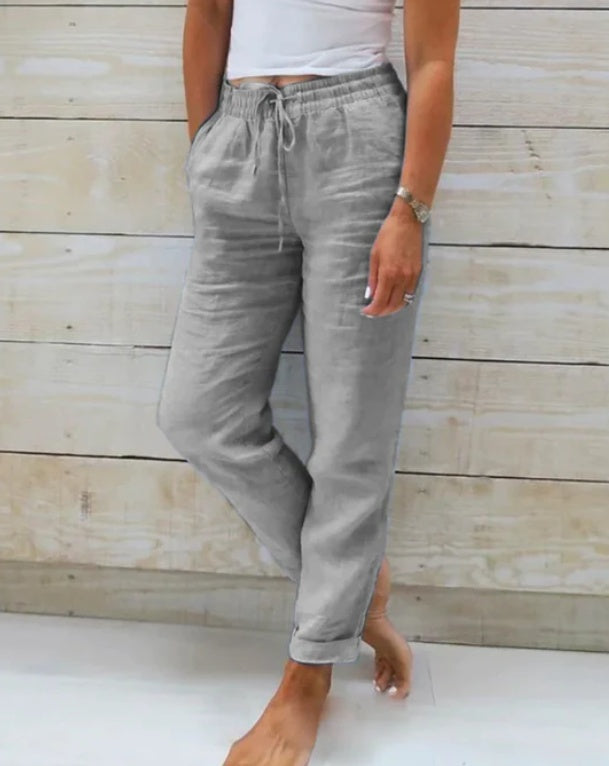 Elastic Waist Solid Cotton Hemp Pants