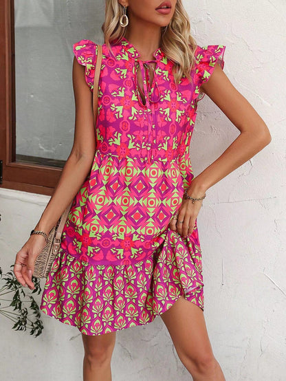 Printed Sleeveless Dress Summer Fashion V-Neck Lace-up Straight Dresses For Womens Clothing