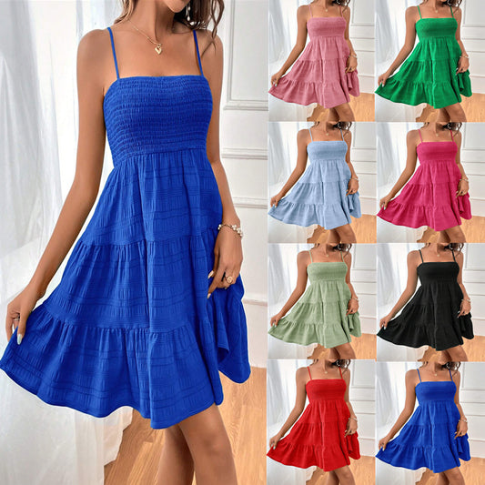 Square-collar Suspender Pleated Dress Fashion Solid Color Beach Dresses For Womens Clothing