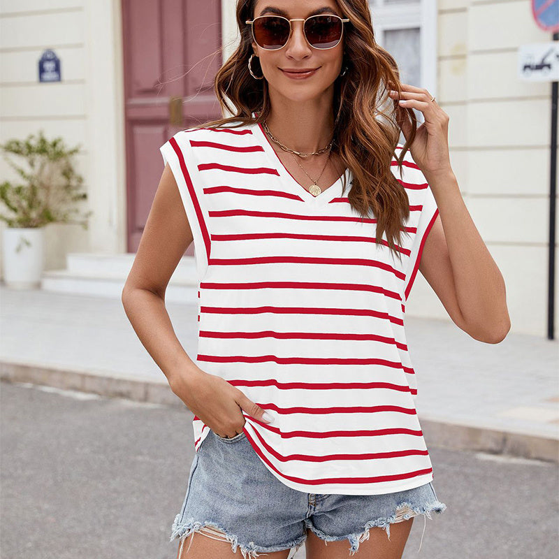 Fashion Stripe Print V-neck Short-sleeved Loose Tank Top Womens Clothing