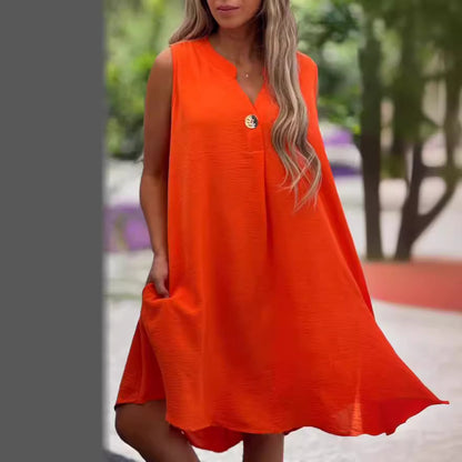 V-neck Sleeveless Dress With Button Decoration Solid Color Casual Loose Straight Dresses Womens Clothing