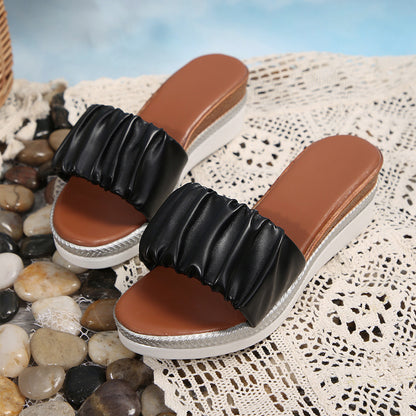 Pleated Slippers Summer Fashion Wedge Sandals For Women Outdoor Slides Simple Thick-soled Beach Shoes