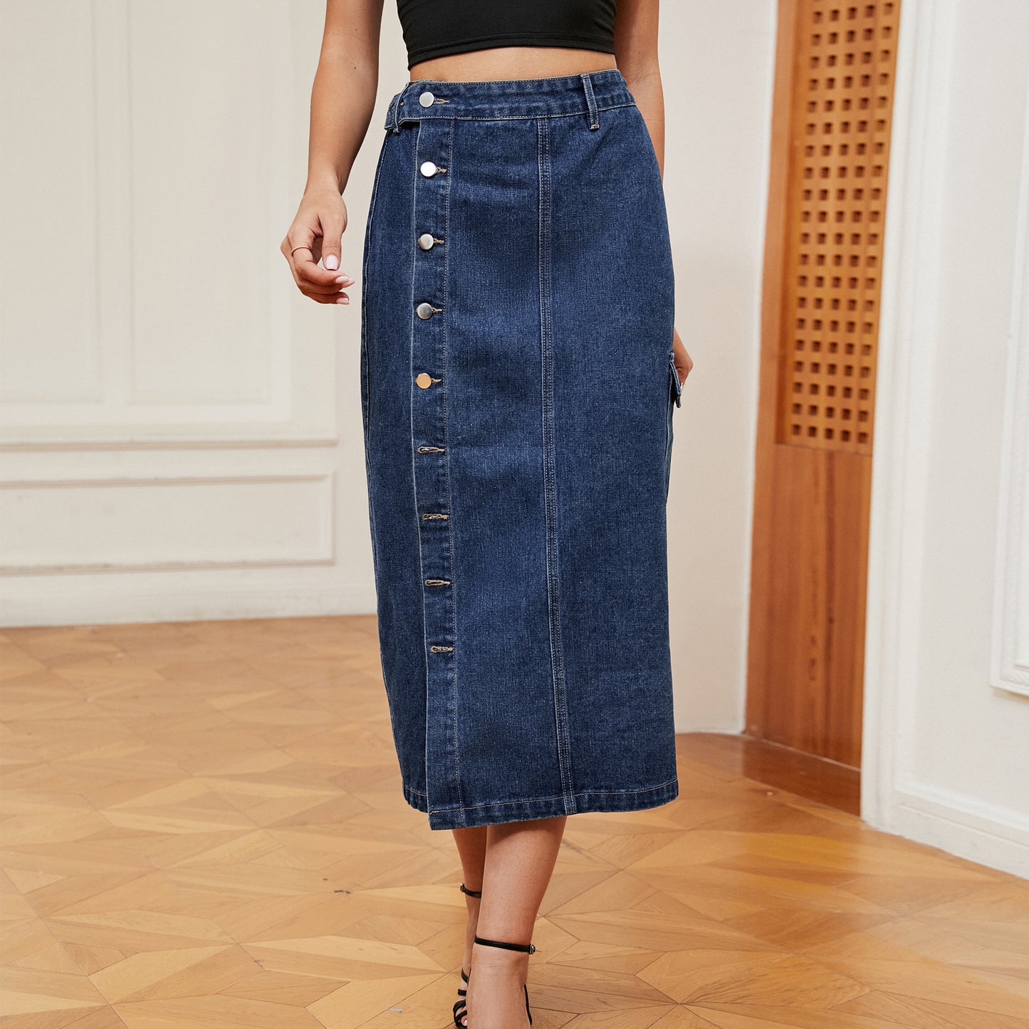 Half Elastic Denim Cargo Pants Casual Skirt