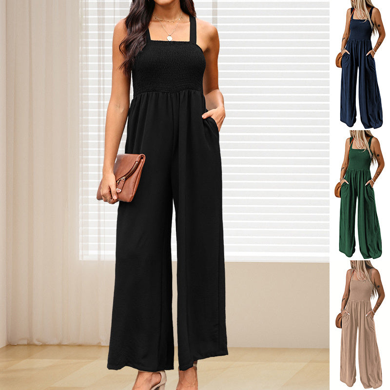 Square Neck High Waist Jumpsuit Women's Backless Pleated Design Wide Leg