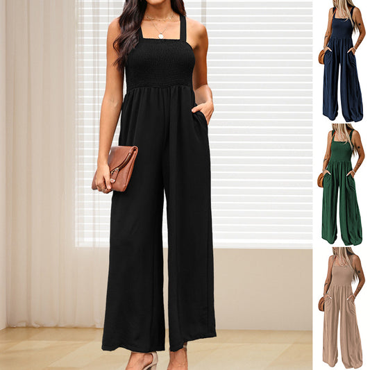 Square Neck High Waist Jumpsuit Women's Backless Pleated Design Wide Leg