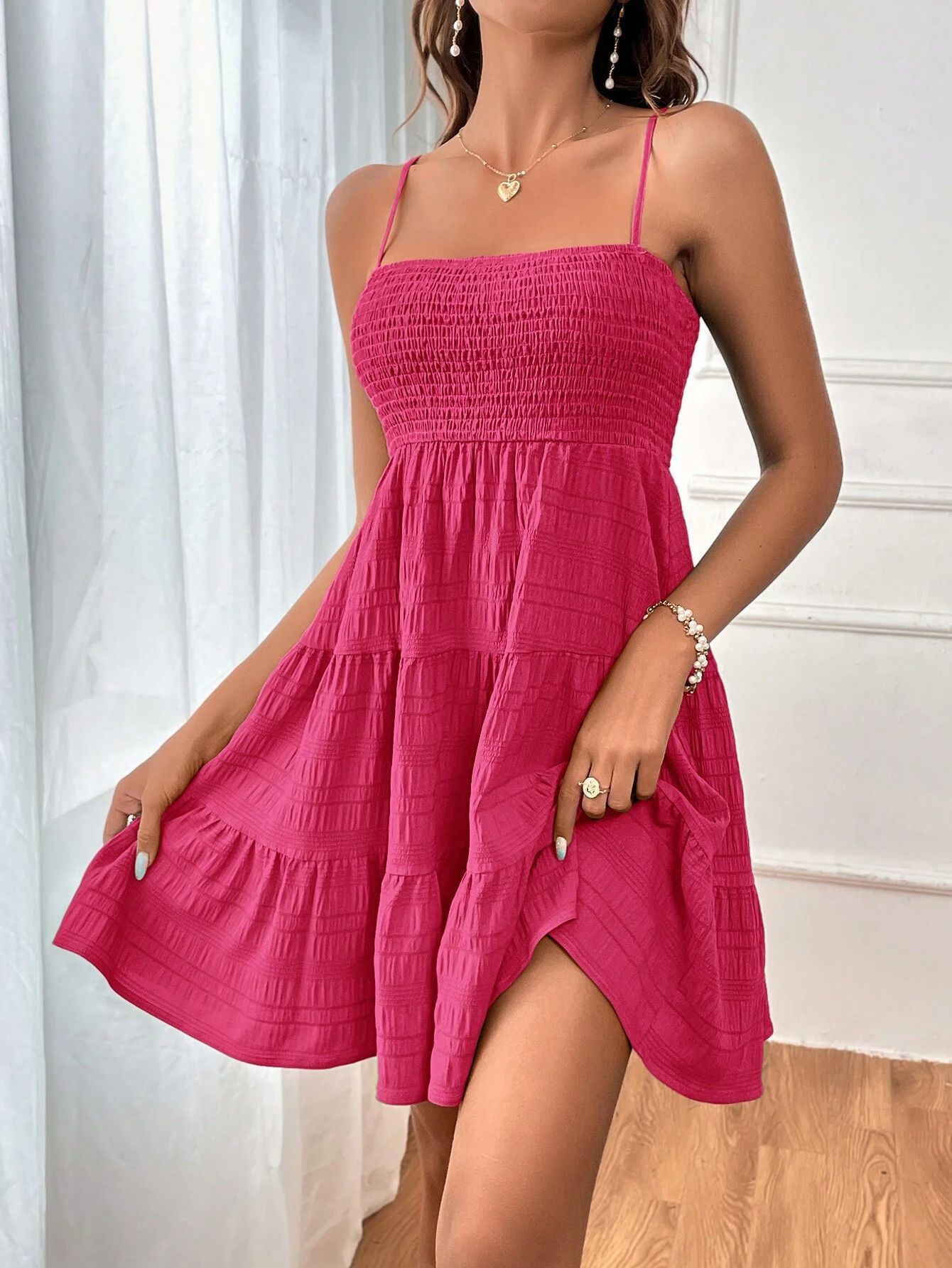 Square-collar Suspender Pleated Dress Fashion Solid Color Beach Dresses For Womens Clothing