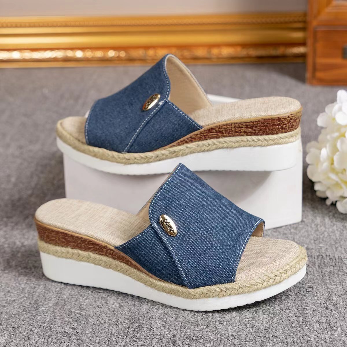 Denim Canvas Wedges Sandals Thick Bottom Fish Mouth Shoes For Women