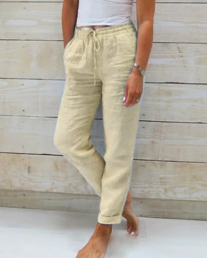 Elastic Waist Solid Cotton Hemp Pants