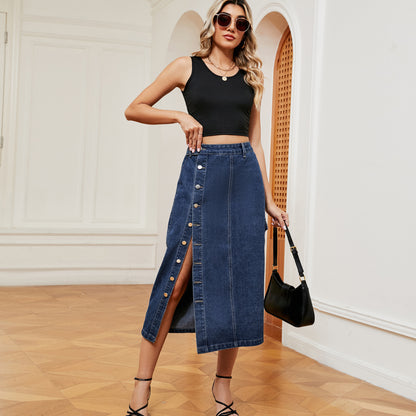 Half Elastic Denim Cargo Pants Casual Skirt