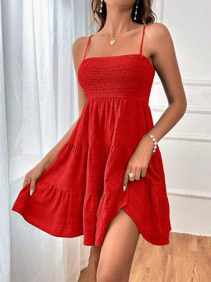 Square-collar Suspender Pleated Dress Fashion Solid Color Beach Dresses For Womens Clothing