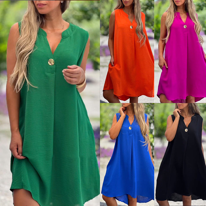 V-neck Sleeveless Dress With Button Decoration Solid Color Casual Loose Straight Dresses Womens Clothing