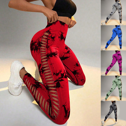 Hollow Tie Dye Printed Yoga Pants High Waist Butt Lift Seamless Sports Gym Fitness Leggings