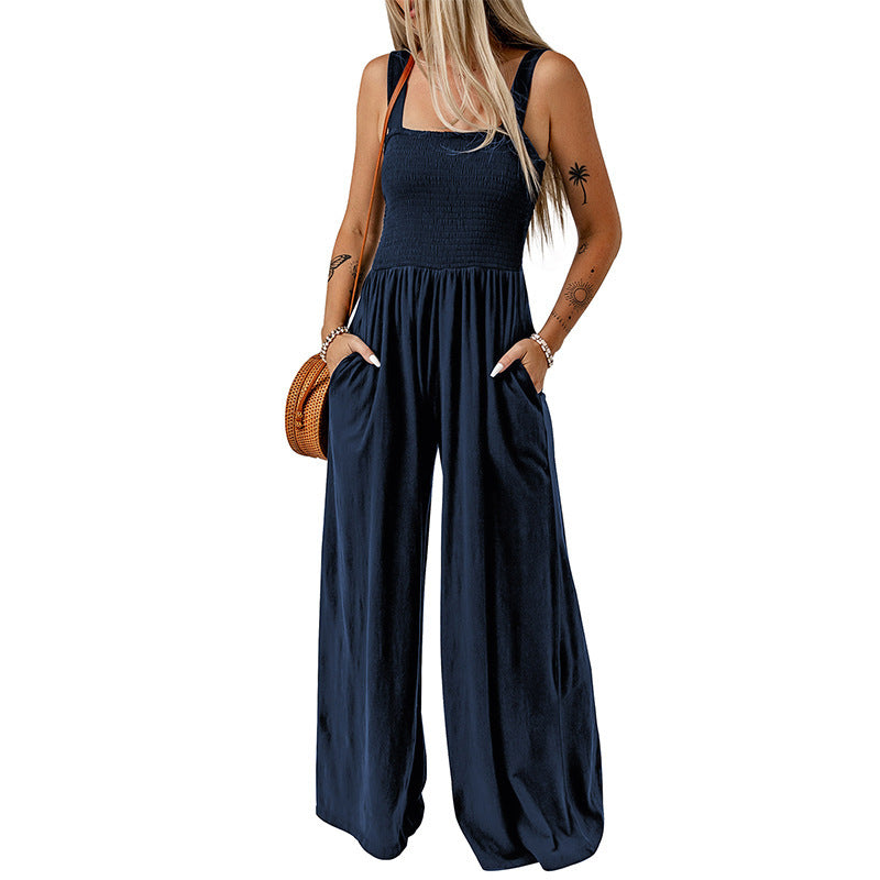 Square Neck High Waist Jumpsuit Women's Backless Pleated Design Wide Leg