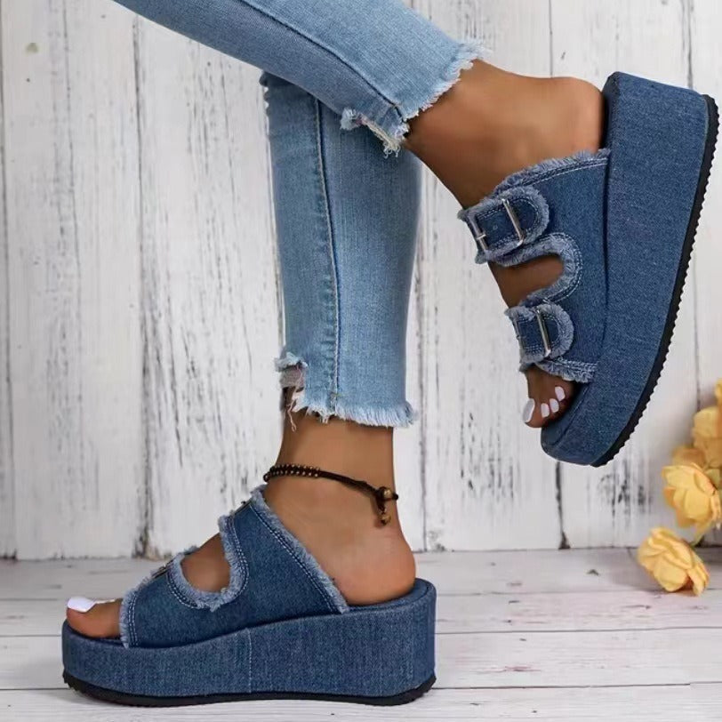 Fashion Denim Buckle Wedges Sandals Summer Outdoor High Heel Slippers Thick Bottom Camouflage Shoes For Women