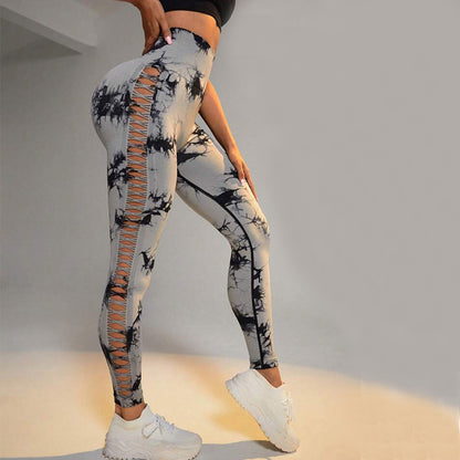 Hollow Tie Dye Printed Yoga Pants High Waist Butt Lift Seamless Sports Gym Fitness Leggings