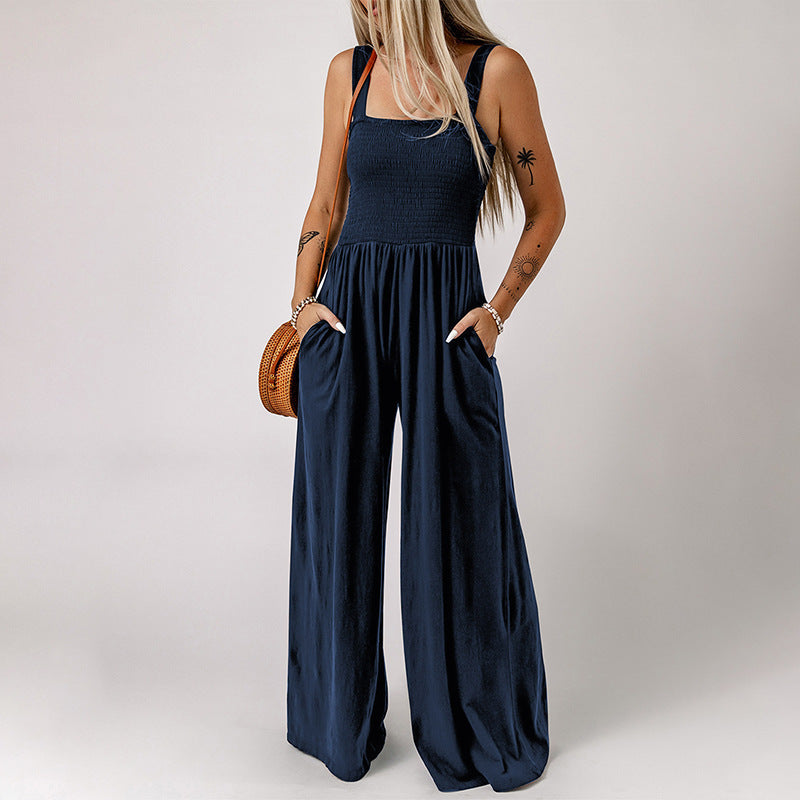 Square Neck High Waist Jumpsuit Women's Backless Pleated Design Wide Leg