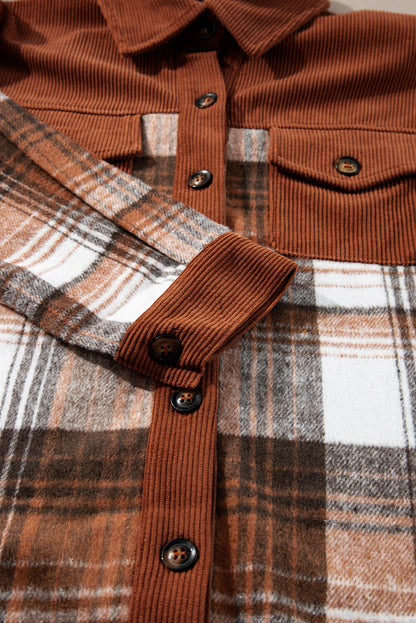 Cinnamon Plaid Corduroy Patchwork Chest Pocket Shacket