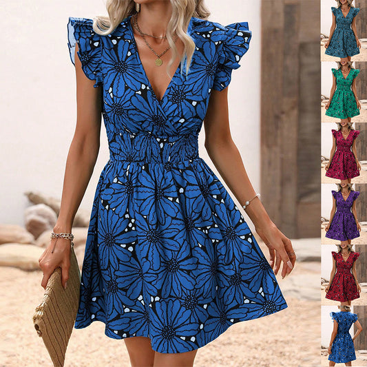 New Flowers Print Ruffled Sleeveless Dress Summer Sexy Deep V-neck Slim-waist Short Dresses For Womens Clothing