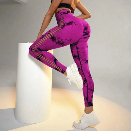 Hollow Tie Dye Printed Yoga Pants High Waist Butt Lift Seamless Sports Gym Fitness Leggings