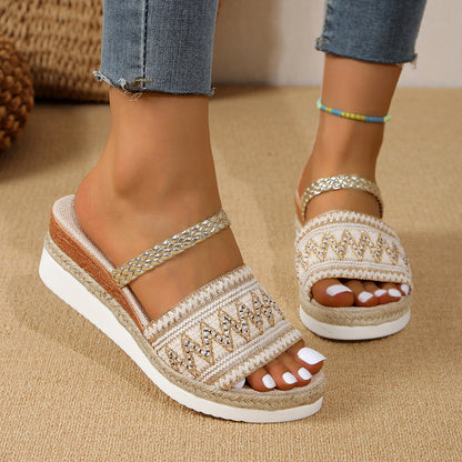 New Color-blocked Wave-patterned Sandals Summer Fashion Wedges Slippers Outdoor Ethnic Style One-line Thick-soled Shoes For Women