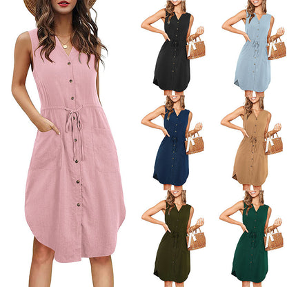 Sleeveless V-neck Buttoned Dress With Pockets Fashion Casual Waist Tie Design Summer Dress Womens Clothing