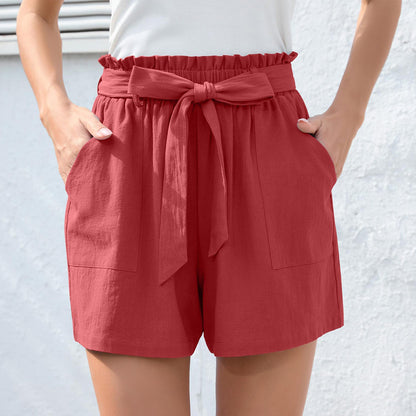 Fashion Ruffle Bow Waist Tie Shorts Beach Pants With Pockets Womens Clothing