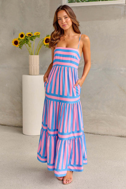 Striped Printed Suspender Long Dress With Pockets Fashion Square Neck Backless Dresses For Beach Vacation Women Clothing