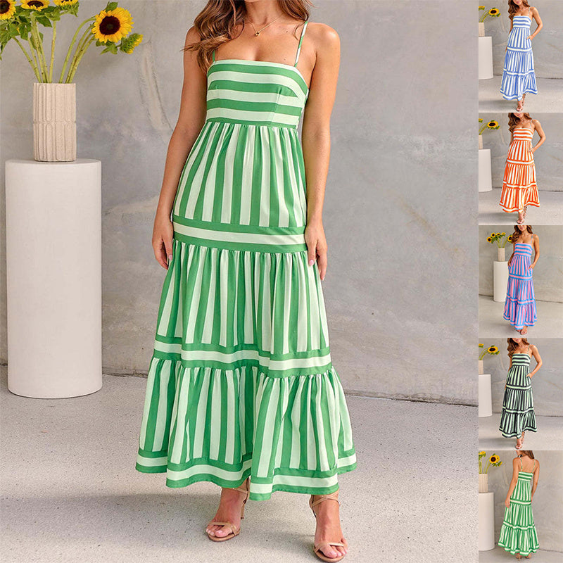 Striped Printed Suspender Long Dress With Pockets Fashion Square Neck Backless Dresses For Beach Vacation Women Clothing