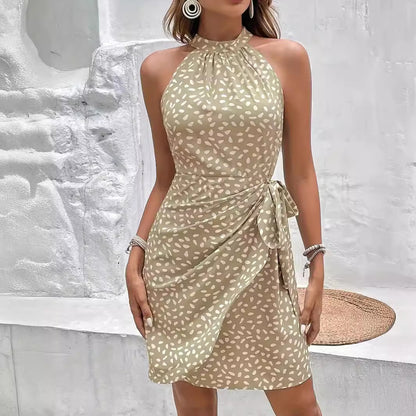 Halterneck Printed Dress With Tied-waist Design Women's Shivering Dots Temperament Dress