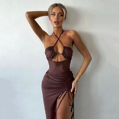 Sexy Halter neck Lace-up Split Dress S