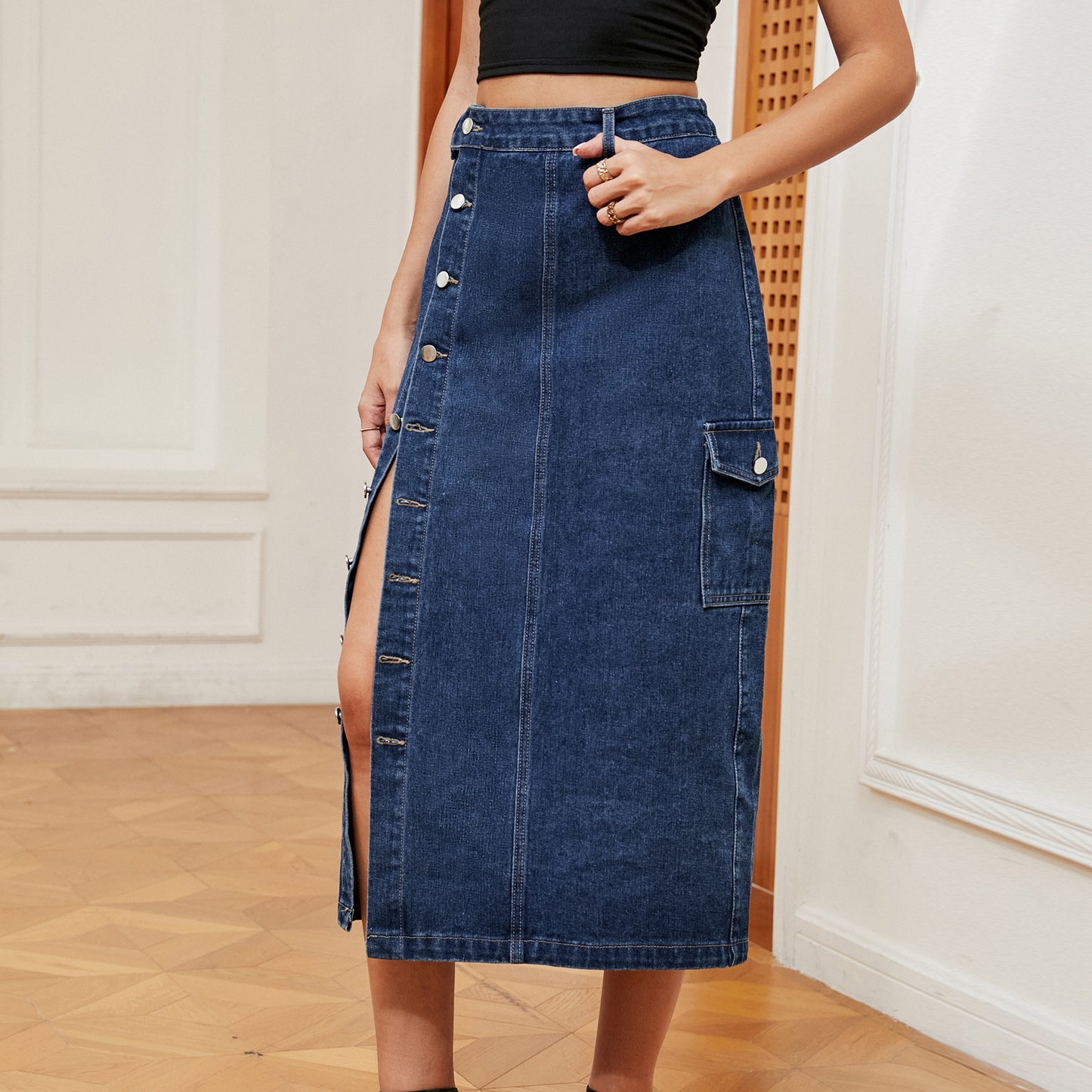 Half Elastic Denim Cargo Pants Casual Skirt