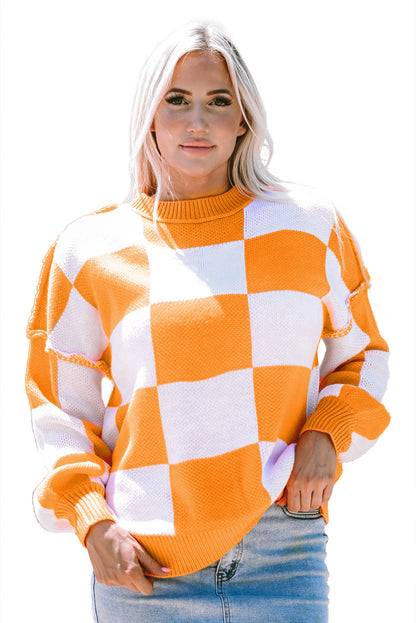 Orange Checkered Bishop Sleeve Sweater