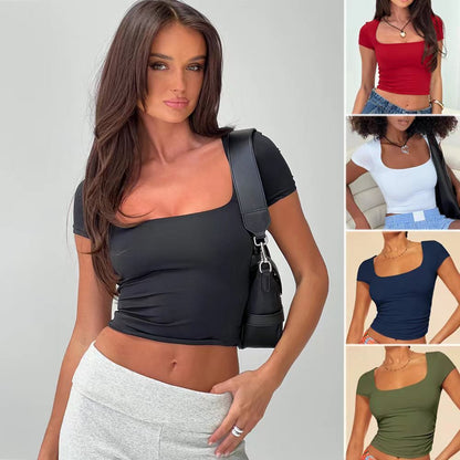 Slim Short-sleeved T-shirt Fashion Sexy Solid Color Square-neck Tops Womens Clothing