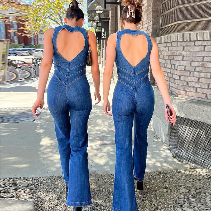 Heart-shape Backless Denim Jumpsuit Women Halter Neck Zip Up High Waist Panst Retro Style Clothing