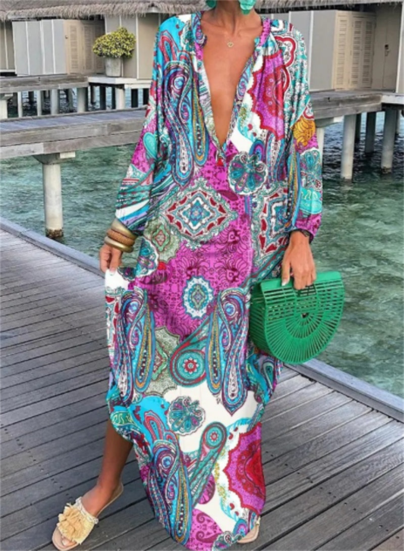 Printed Pullover Long Sleeve V-Neck Swing Loose Long Dress