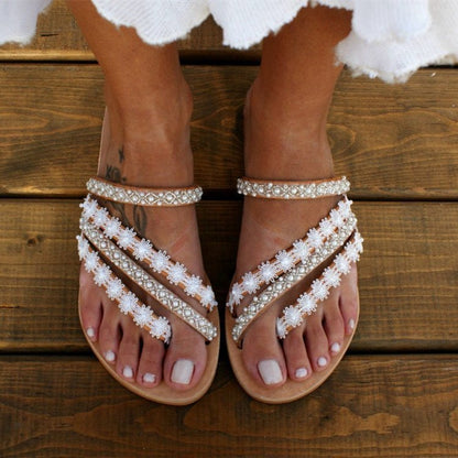 Women's Sandals Mules Boho Beach Shoes Rhinestone Lace Beading Flat Slippers