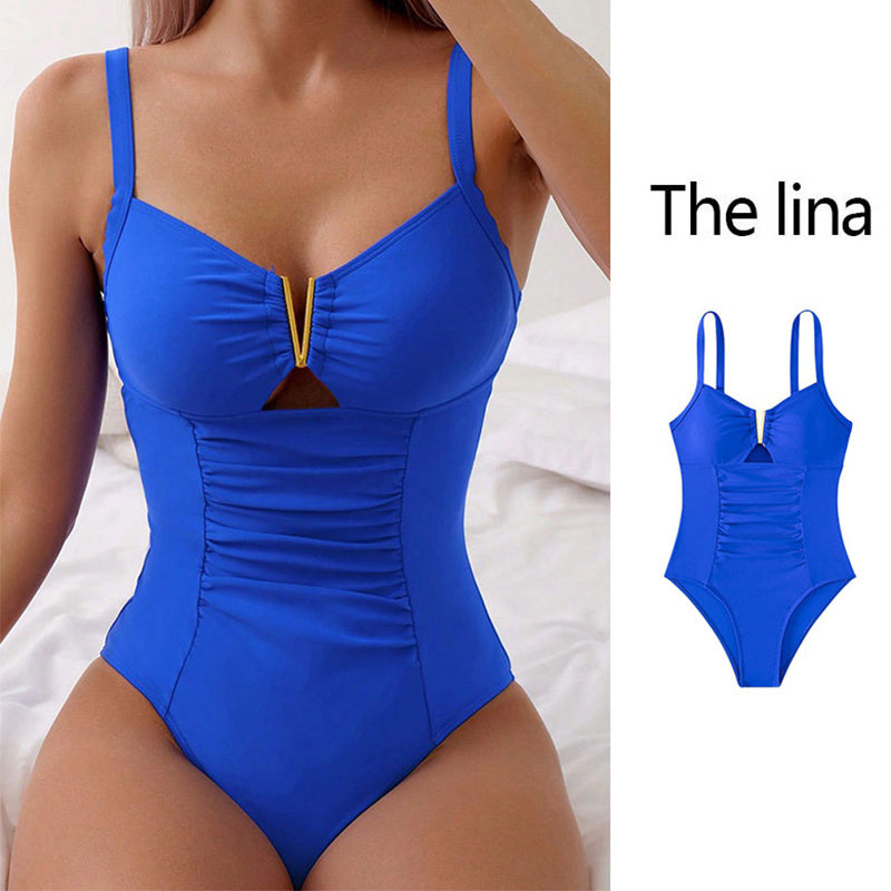 V-neck Hollow One-piece Pleated Belly Slimming Swimsuit Summer Womens Clothing