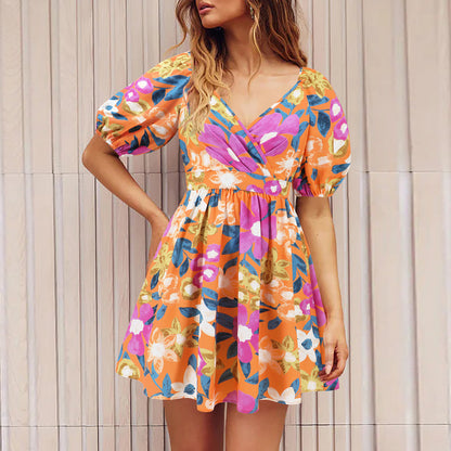 Flowers Print V-Neck Lantern-sleeve Dress Y2K Summer Vacation Beach Short Dresses Fashion Womens Clothing