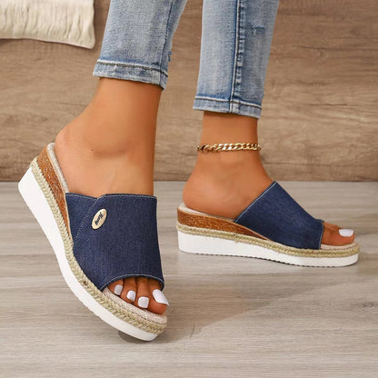 Denim Canvas Wedges Sandals Thick Bottom Fish Mouth Shoes For Women