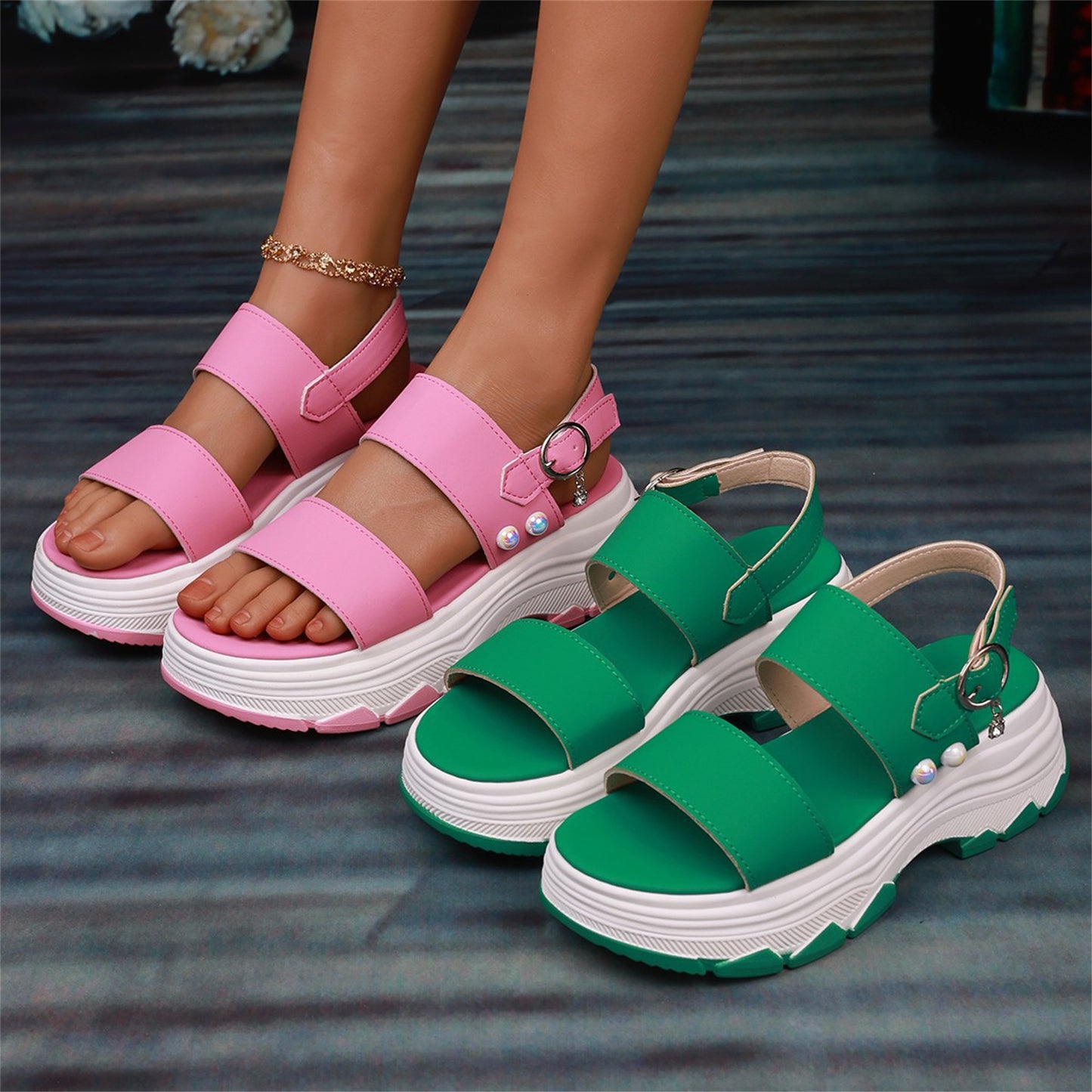 Casual Double-strap Sports Sandals Summer Fashion Solid Color Thick Bottom Buckle Fish Mouth Shoes Women