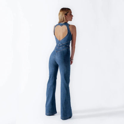 Heart-shape Backless Denim Jumpsuit Women Halter Neck Zip Up High Waist Panst Retro Style Clothing