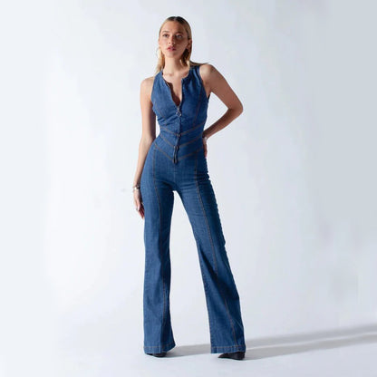 Heart-shape Backless Denim Jumpsuit Women Halter Neck Zip Up High Waist Panst Retro Style Clothing