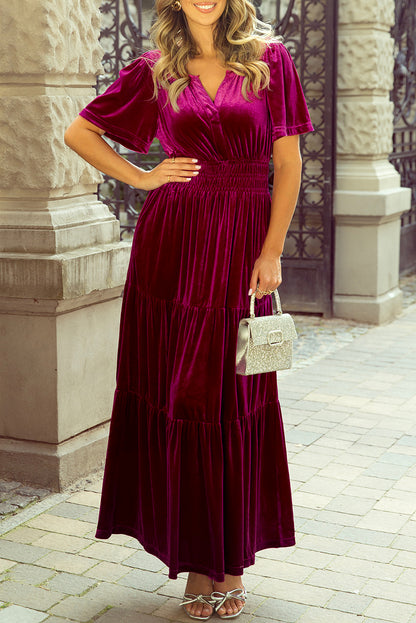 Red Dahlia Velvet Short Sleeve Shirred Waist Tiered Maxi Dress