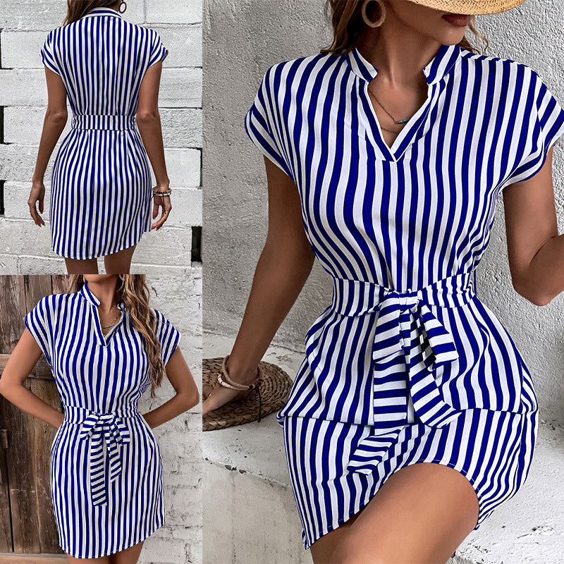 Women's Clothing Sleeveless Striped Lace-up Dress