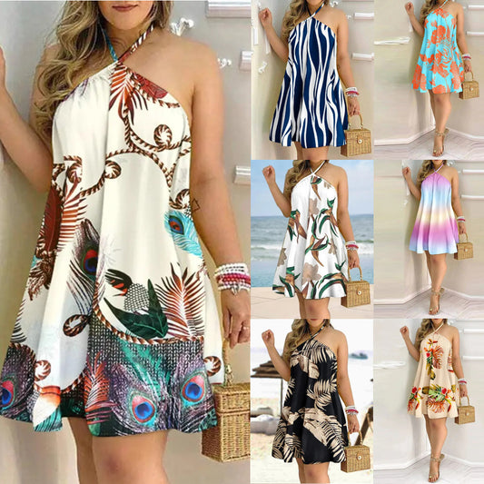 Printed Dress Summer Off-Shoulder Hanging Neck Sleeveless Sexy Dresses Women