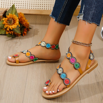 Fashion Peacock Embroidery Pattern Flat Sandals Summer Vacation Casual Clip Toe Beach Shoes For Women