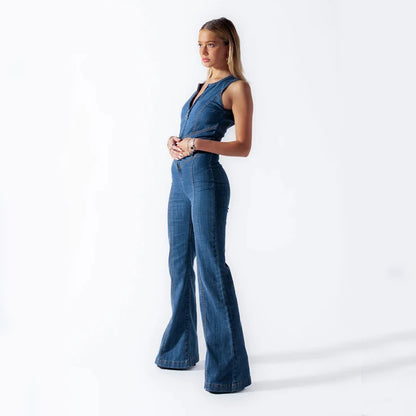 Heart-shape Backless Denim Jumpsuit Women Halter Neck Zip Up High Waist Panst Retro Style Clothing