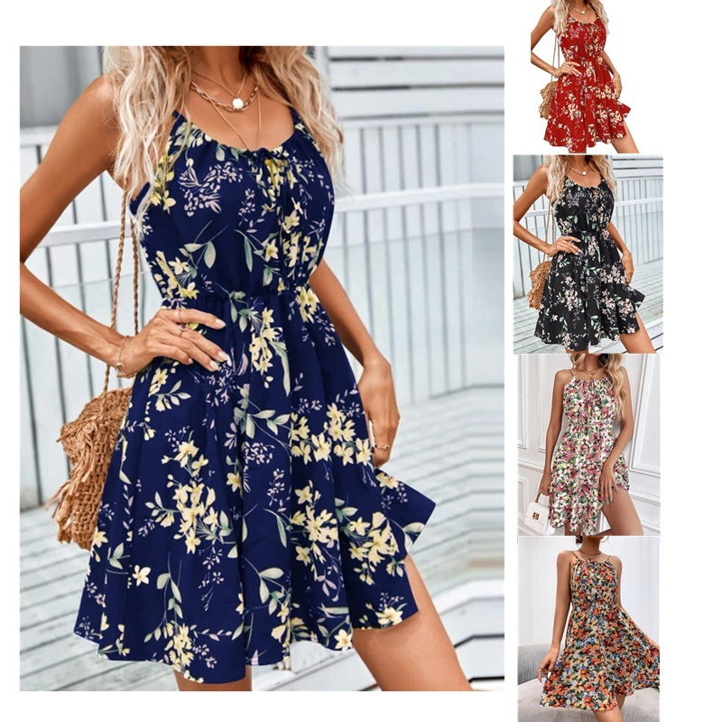 Floral Print Suspender Dress With Elastic Waist Design Fashion Summer Short Dresses Womens Clothing